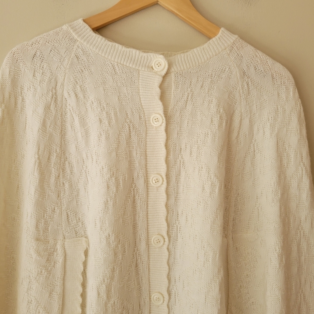 Vintage Cream White Knit Poncho Shawl Button Front Sweater with Fringe - Picture 3 of 7